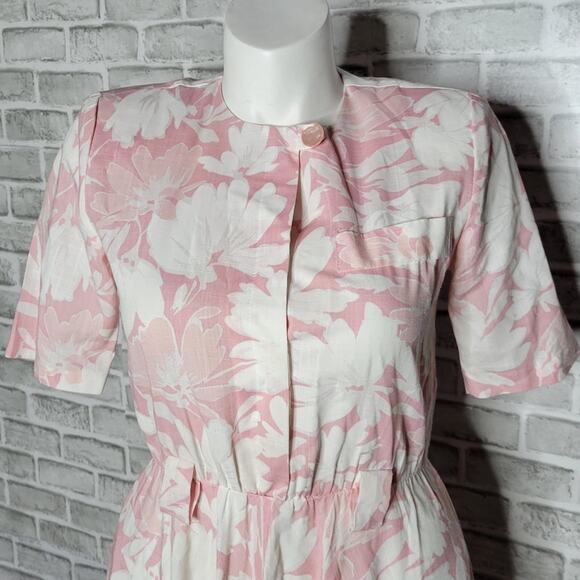 Vintage 80s Pink & White Tropical Floral Midi Dress - Picture 4 of 5